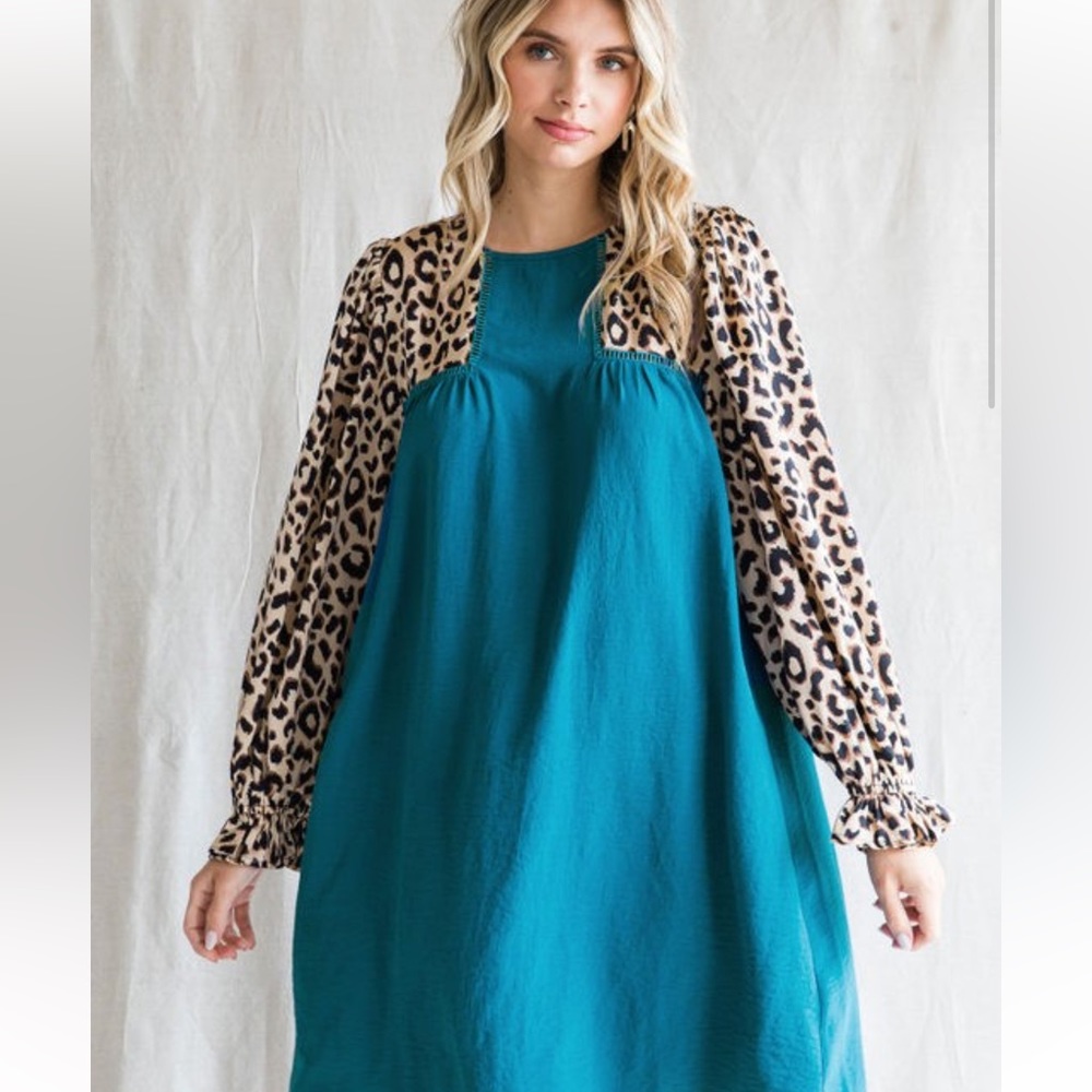 JODIFL Teal Dress with Leopard Print Long Sleeves